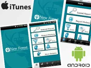 Screenshots of a mobile app interface for New Forest District Council are shown on mobile phones, with iTunes and Android logos indicating availability on both platforms.
