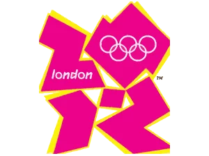 Logo for the 2012 London Olympics, featuring bold pink geometric shapes with yellow outlines, the Olympic rings, and the word London in white, stylised text.