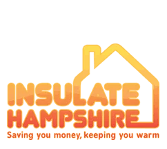 Logo with a house outline above the words Insulate Hampshire in bold orange and red letters, and the slogan Saving you money, keeping you warm below in smaller red text, all on a yellow background.