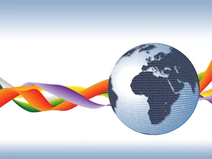 A digital globe showing Africa and Europe sits in front of colourful, wavy ribbons on a white and blue gradient background.