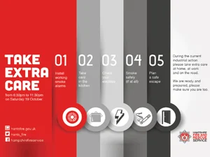 Infographic with five safety tips: install smoke alarms, take care in the kitchen, check electrics, smoke safely if at all, and plan an escape route. Bold text reads Take Extra Care with additional contact information and a fire service logo.