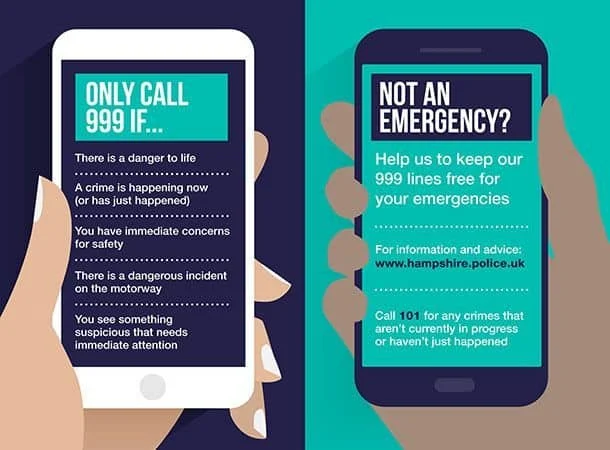 Two illustrated hands hold mobile phones. The left phone lists reasons to call 999 for emergencies, while the right phone advises using alternative contacts for non-emergencies and provides information for Hampshire Police’s website and 101 number.