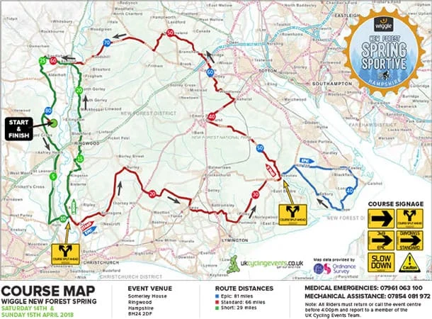 Course map of the Wiggle New Forest Spring Sportive featuring three cycling routes—short (brown), standard (green), and epic (red)—with start/finish in Brockenhurst and key route signs and event info displayed.