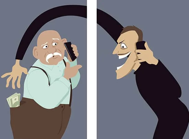 Cartoon of an elderly man on the phone looking worried whilst a sneaky man on the other end reaches across the divide to steal cash from the elderly man's pocket, symbolising a phone scam.