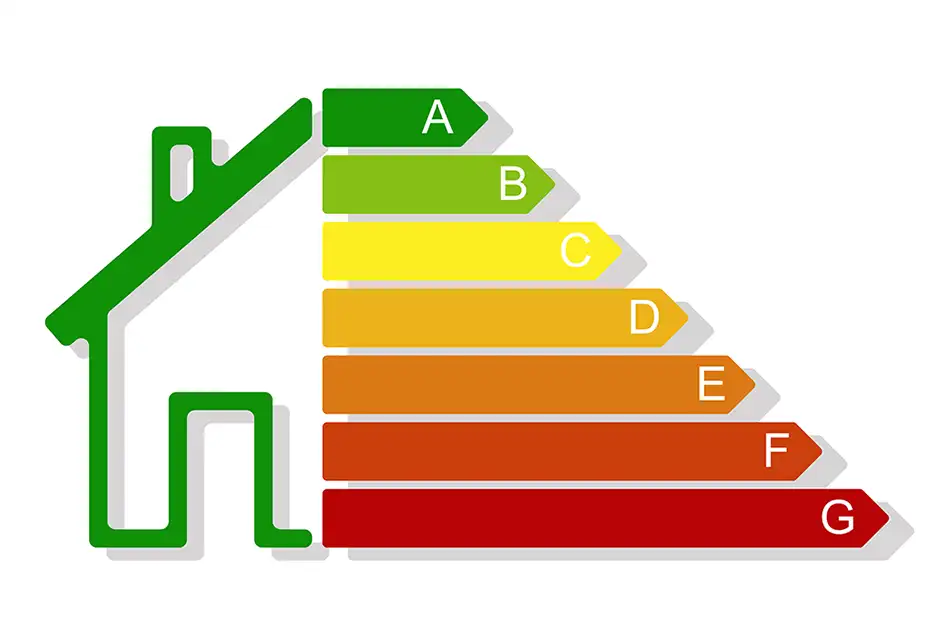 Energy efficiency rating scale shaped like a house, ranging from A (most efficient, green) to G (least efficient, red).