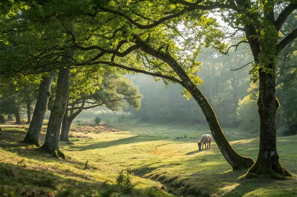 A horse in a field surrounded by trees