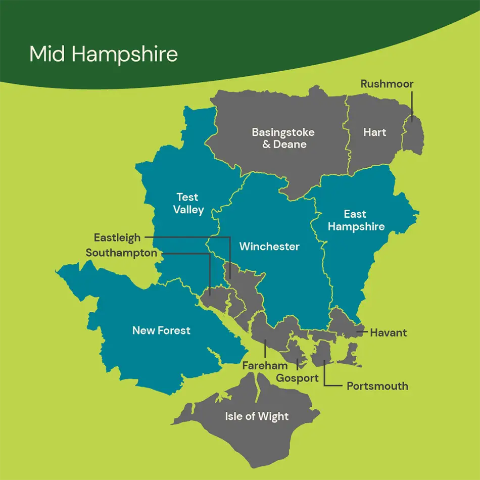 Map of mid hampshire, uk, showing labelled districts in blue: basingstoke & deane, hart, rushmoor, test valley, eastleigh, southampton, new forest, winchester, east hampshire, havant, fareham, gosport, portsmouth and isle of wight.