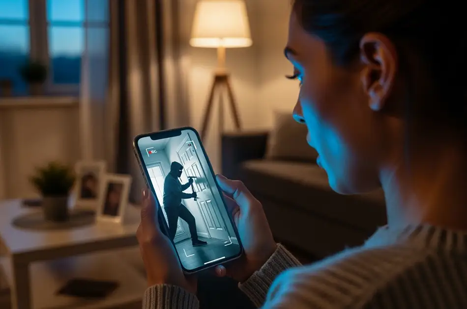 A woman in a dimly lit living room looks at her mobile, which shows a cctv video of a masked person trying to break into a door.