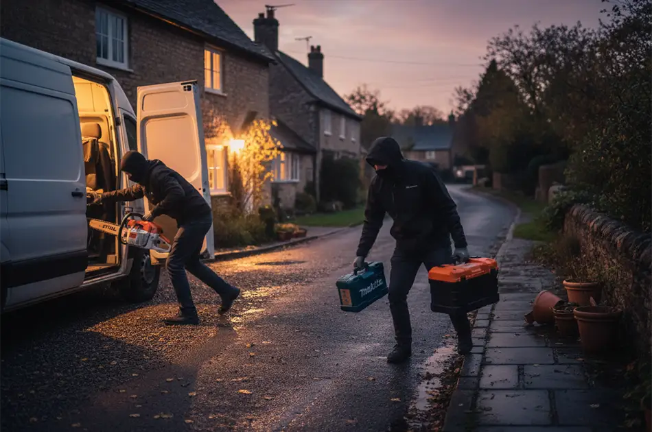 Two people in dark clothing and hoodies are unloading toolboxes from a white van at dusk on a quiet residential street, with one person carrying boxes towards a house and the other reaching inside the van.