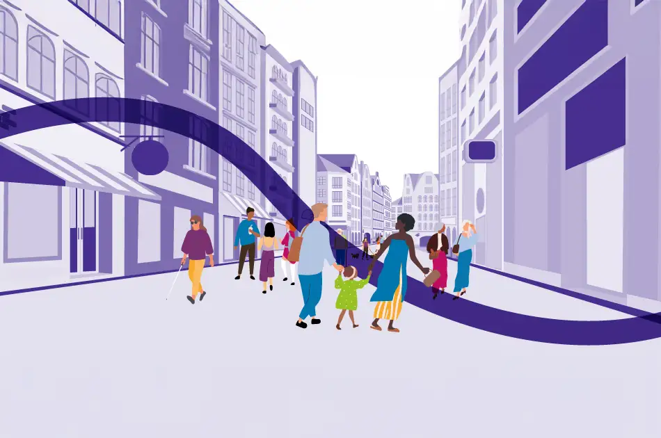 Illustration of people walking and interacting on a city street, with diverse individuals including children and a person using a white cane, set against tall buildings and a purple ribbon winding through the scene.
