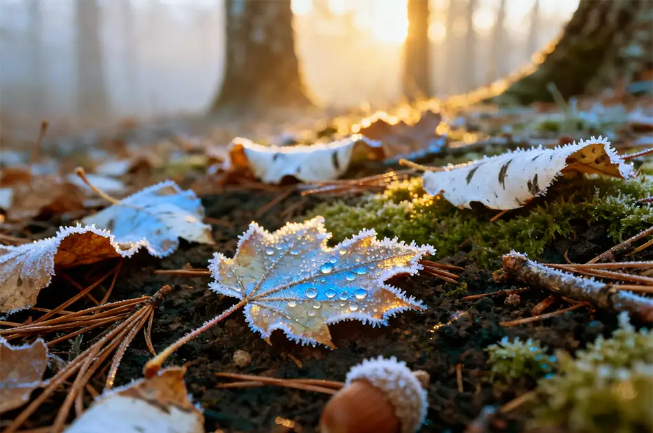 Close up of frosted autumn leaves, pine needles, and an acorn on the forest floor with dewdrops on a blue tinged leaf. Sunlight filters through blurred trees in the background.