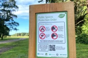 A wooden sign in a park displays rules: no feeding or touching ponies, donkeys, or horses, no fires or barbecues, and fines for breaches. A grassy field and trees are visible in the background under a blue sky.