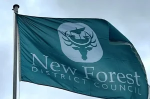 A teal flag flying on a pole with the New Forest District Council logo, which features a deer silhouette carrying a ship.